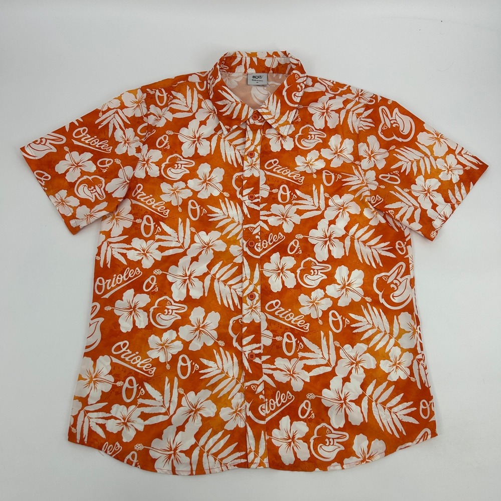 Baltimore Orioles Hawaiian Shirt Mens M Orange Floral BDA MLB Baseball SGA‎